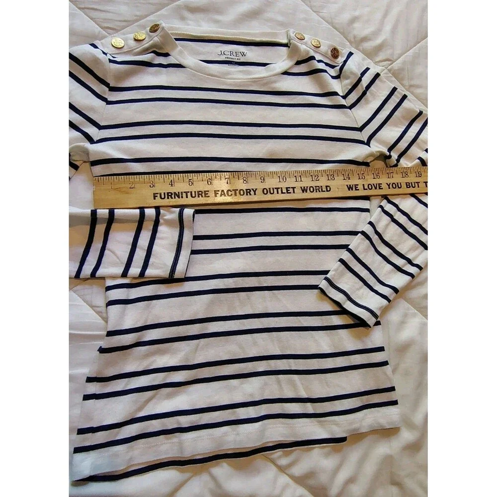 J.Crew Perfect Fit Long Sleeve Navy White Striped Sailor Top Gold Button...